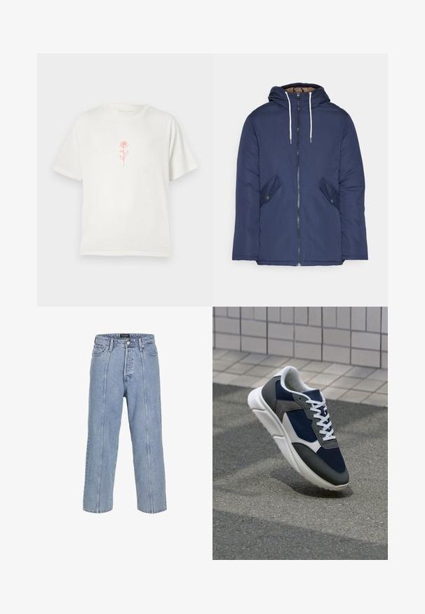 Mørkeblå polstret jakke med hætte, fremhævet af en frontlynlås, to sidelommer med knapper og hvide snore.; Cremefarvet t-shirt med et enkelt rødt rosenmotiv i midten, sat mod en plain hvid baggrund.; Lysblå denimjeans med løs pasform, brede ben og synlige syninger. Har knap- og lynlåslukning samt fem lommer.; Sneakers med en overdel i marineblå mesh, grå suedeteksturer, hvid gummisål og flade hvide snørebånd, designet til komfort og åndbarhed.