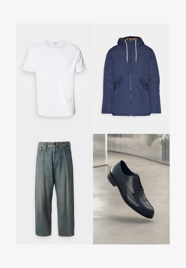 Tumesinine vahtkatseline jakk, millel on kapuuts, esilukk, kaks küljetaskut nupuga ja valged tõmblukud.; Valge puuvillane T-särk ümmarguse kaelusega, lühikeste varrukatega ja sirge äärisega. Kanga tekstuur on sile ja mustreid ei ole.; Heledad sinine denim-stiilis teksad, volüümse lõike, keskmise kõrgusega talje ja sirgete säärega. Omab viit taskut, vöökumme ja nööpide sulgemist.; Läike must nahkne king, millel on paelad, hõljuv siledate heledate halli põranda kohal ning taustal vertikaalsed metallist vardad.