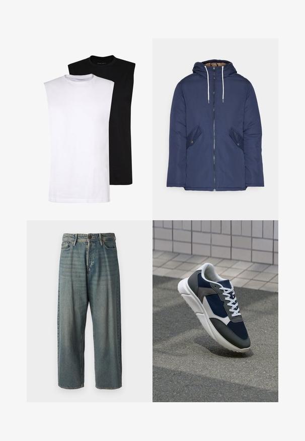 Mornarsko modra podložena jakna s kapuco, ki ima sprednji zadrgo, dva stranska žepa s gumbi in bele vrvice.; Bela in črna brezrokavna bombažna majica z okroglim izrezom, gladka tekstura in minimalističen dizajn. Primerna za različne priložnostne nastavitve.; Svetlomoderne kavbojke z ohlapnim krojem, srednjim pasom in ravnimi nogami. Imajo pet žepov, zanke za pas in zapiranje na gumb.; Superge z zgornjim delom iz mrežaste tkanine v mornarsko modri barvi, sivi usnjeni poudarki, belo gumijasto podplato in ravnimi belimi vezalkami, zasnovane za udobje in zračnost.