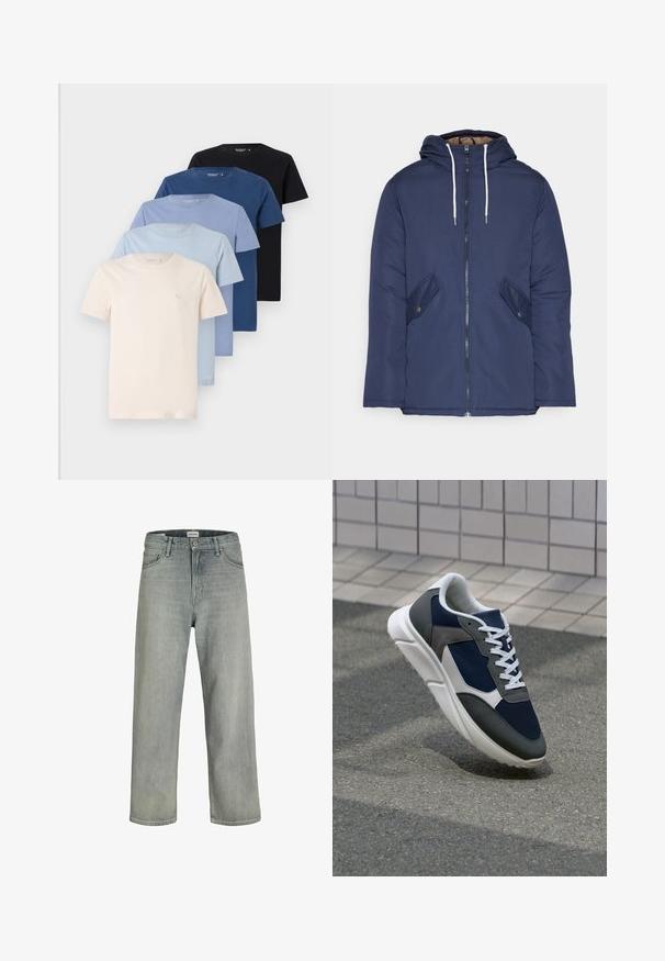 Giacca imbottita blu navy con cappuccio, dotata di zip frontale, due tasche laterali con bottoni e lacci bianchi.; Collezione di cinque t-shirt a girocollo in tonalità di crema, azzurro chiaro, blu scuro e nero, realizzate in morbido cotone, con design semplice.; Jeans grigi chiaro, con vestibilità comoda, realizzati in denim. Presentano un classico design a cinque tasche, passanti per cintura e una silhouette a gamba dritta.; Sneaker con tomaia in rete blu navy, inserti in suede grigio, suola in gomma bianca e lacci bianchi piatti, progettata per comfort e traspirabilità.