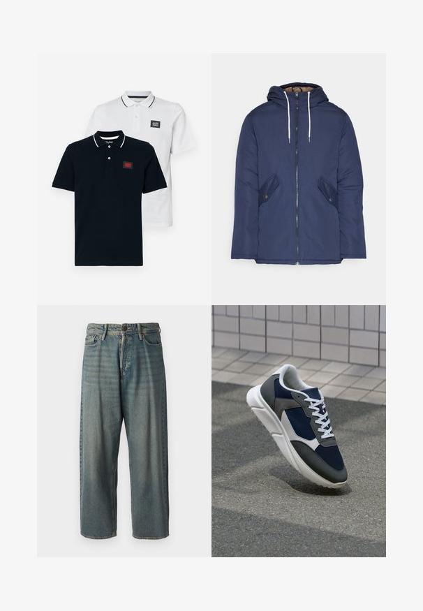 Marineblå polstret jakke med hette, med glidelås foran, to sidelommer med knapper og hvite snorer.; To polo skjorter i marineblå og hvit, med korte ermer, klassisk krage og kontraststripete detaljer på kragen.; Lyseblå denimjeans med løs passform, midjehøyde og rette ben. Har fem lommer, beltehemper og knappelukking.; Sneakers med en navy blå mesh-overdel, grå sømværk, hvit gummisåle og flate hvite snører, designet for komfort og pusteevne.