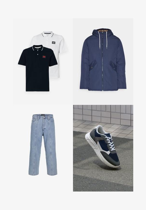 Marineblauwe gewatteerde jas met een capuchon, voorzien van een rits aan de voorkant, twee zijzakken met knopen en witte trekkoorden.; Twee polo shirts in marineblauw en wit, met korte mouwen, een klassieke kraag en contrasterende gestreepte details op de kraag.; Lichtblauwe denim jeans met een losse pasvorm, wijde benen en zichtbare stiksels. Voorzien van een knoop- en ritsluiting, vijf zakken.; Sneaker met een marineblauwe mesh bovenwerk, grijze suède accenten, witte rubberen zool en platte witte veters, ontworpen voor comfort en ademend vermogen.