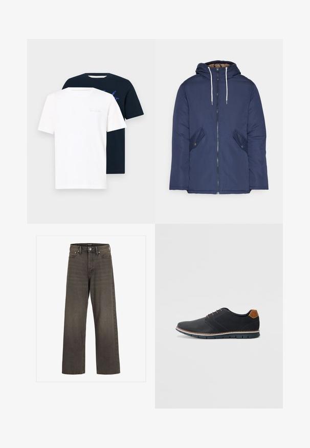 Jachetă căptușită bleu marin cu glugă, având un fermoar frontal, două buzunare laterale cu nasturi și șnururi albe.; Două tricouri cu guler rotund: unul alb cu text deschis, celălalt albastru închis cu un imprimeu grafic. Ambele sunt cu mânecă scurtă și fabricate dintr-un material moale.; Blugi cu picioare largi din denim gri închis, cu talie înaltă, design clasic cu cinci buzunare și cusături contrastante pe cusături.; Pantofi sintetici negri cu un superior texturat, accente netede, toc maro și o talpă contrastantă. Prezintă un șnur minimalist și detalii de cusătură.