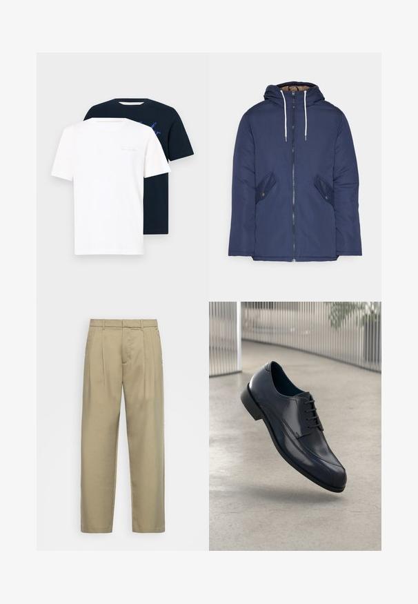 Námorně modrá prošívaná bunda s kapucí, která má přední zip, dvě boční kapsy s knoflíky a bílé šňůrky.; Dvě trička s kulatým výstřihem: jedno bílé se světlým potiskem, druhé tmavě modré s grafickým potiskem. Obě jsou s krátkým rukávem a vyrobené z měkké látky.; Beige kalhoty s vysokým pasem a rovnýmlíčkem, s plochým předním dílem, bočními kapsami a hladkým, strukturovaným materiálem.; Lesklá černá kožená společenská obuv s tkaničkami, plovoucí nad hladkým, světle šedým podlahovým povrchem a s vertikálními kovovými pruty v pozadí.