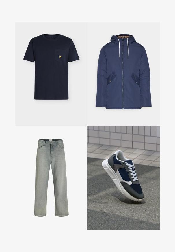 Marineblauwe gewatteerde jas met een capuchon, voorzien van een rits aan de voorkant, twee zijzakken met knopen en witte trekkoorden.; Marineblauw katoenen T-shirt met een ronde hals, korte mouwen en een borstzakje met een klein geel vogel-logo.; Lichtgrijze, loszittende spijkerbroeken van denim. Beschikt over een klassiek vijf-pocket ontwerp, riemlussen en een rechte pijp silhoët.; Sneaker met een marineblauwe mesh bovenwerk, grijze suède accenten, witte rubberen zool en platte witte veters, ontworpen voor comfort en ademend vermogen.