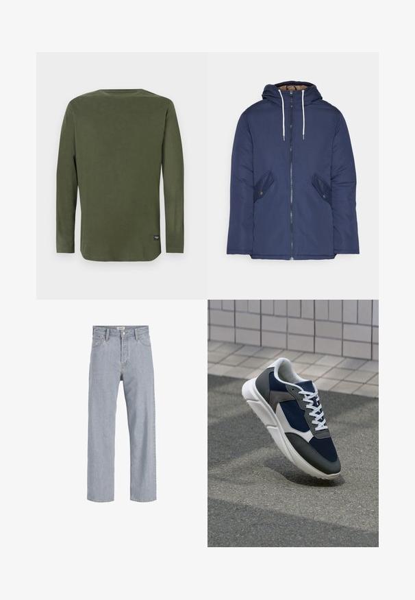 Navy blue padded jacket with a hood, featuring a front zipper, two side pockets with buttons, and white drawstrings.; Long-sleeve, olive green crew neck shirt with a small black label near the bottom hem on a plain white background.; Light blue denim jeans with a relaxed fit, straight leg design, visible stitching, two front pockets, and a button closure.; Sneaker featuring a navy blue mesh upper, gray suede accents, white rubber sole, and flat white laces, designed for comfort and breathability.