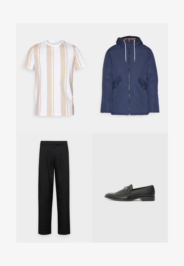 Casaco acolchoado azul-marinho com capuz, apresentando um fecho frontal com zíper, dois bolsos laterais com botões e cordões brancos.; T-shirt bege e branca com riscas, mangas curtas, gola redonda, feita de algodão suave. Riscas verticais de larguras variadas.; Calças pretas feitas de tecido suave, com um design de perna reta, dois pregas frontais e uma cintura padrão com passantes para cinto.; Sapatilha de couro preta com um acabamento suave, apresentando um design cosido e um detalhe decorativo de corrente de metal atravessando o peito do pé. Salto baixo.