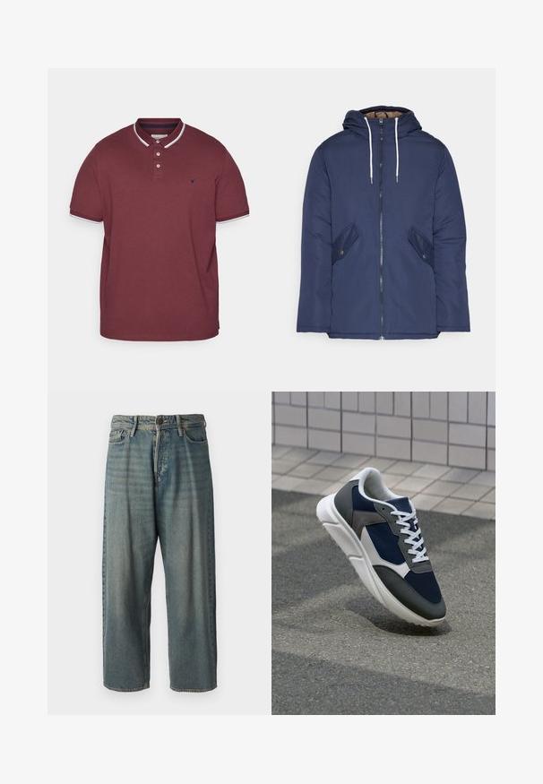 Marineblå polstret jakke med hette, med glidelås foran, to sidelommer med knapper og hvite snorer.; Burgunderfarget polo skjorte laget av bomull, med klassisk krage, placket med tre knapper, hvite detaljer på kragen og ermene, og en logo på brystet.; Lyseblå denimjeans med løs passform, midjehøyde og rette ben. Har fem lommer, beltehemper og knappelukking.; Sneakers med en navy blå mesh-overdel, grå sømværk, hvit gummisåle og flate hvite snører, designet for komfort og pusteevne.