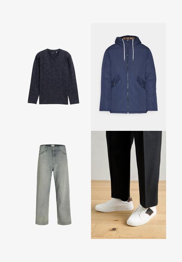 Jūras zila pufīgā jaka ar kapuci, kas aprīkota ar priekšējo rāvējslēdzēju, divām sānu kabatām ar pogām un baltiem aukliņām.; Tumšzils garenām piedurknēm, henley krekls ar teksturētu rakstu, ar V veida apkakli un trīs pogām. Mīksta auduma.; Gai pelēki, brīvi pieguļoši džinsi no denima. Iekļauj klasisku piecu kabatu dizainu, jostas cilpas un taisnu kāju siluetu.; Baltā pārsoļa apavi ar gludu tekstūru, papildināti ar brūniem ādas akcentiem un melniem elementiem, savienoti ar melnām pielāgotām biksēm. Koka grīdas fons.