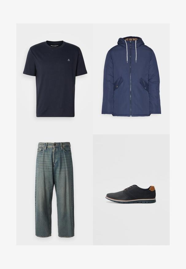 Jūras zila pufīgā jaka ar kapuci, kas aprīkota ar priekšējo rāvējslēdzēju, divām sānu kabatām ar pogām un baltiem aukliņām.; Jūras zila kokvilnas t-kreklu ar īsām piedurknēm, noapaļotu kakla izgriezumu un mazu izšūtu logo uz krūts. Gluda tekstūra, ikdienišķs dizains.; Gaiši zili džinsi ar brīvu piegriezumu, vidējo jostas augstumu un taisnām kājām. Satur piecas kabatas, jostas cilpas un pogu aizdari.; Melni sintētiskie apavi ar struktūru augšdaļā, gludu akcentu, brūnu papēdi un kontrastējošu zoli. Iezīmē minimālu šņorēšanu un šuvju detaļas.