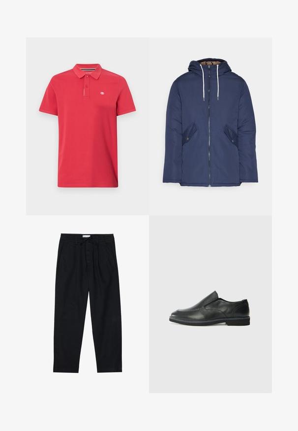 Navy blue padded jacket with a hood, featuring a front zipper, two side pockets with buttons, and white drawstrings.; Red polo shirt made of cotton with a classic collar, three-button placket, and small logo embroidered on the left chest. Short sleeves.; Pier One Chinos - black; Black leather slip-on shoe with a smooth upper, stitched accents, rounded toe, and a low rubber heel. Sole features minimal tread.