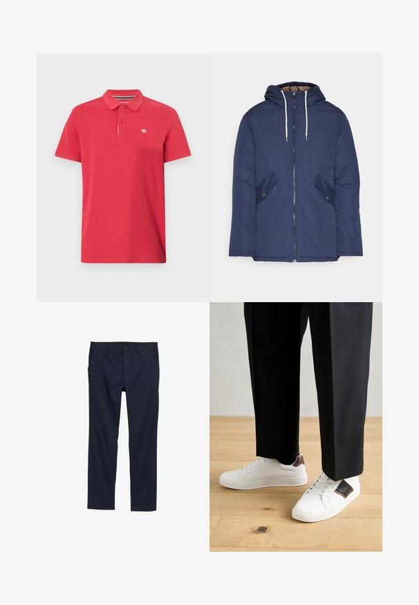 Veste matelassée bleu marine avec capuche, dotée d'une fermeture éclair à l'avant, de deux poches latérales avec boutons et de cordons de serrage blancs.; Polo-shirt rouge en coton avec un col classique, une patte de boutonnage à trois boutons et un petit logo brodé sur la poitrine gauche. Manches courtes.; Pantalons légers bleu marine avec une texture lisse, coupe droite, fermeture à bouton et poches latérales.; Des sneakers blanches au texture lisse, avec des accents en cuir marron et des détails noirs, assorties à un pantalon noir ajusté. Fond en parquet.