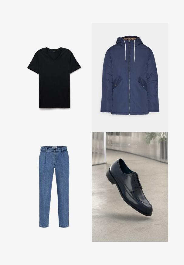 Námorně modrá prošívaná bunda s kapucí, která má přední zip, dvě boční kapsy s knoflíky a bílé šňůrky.; Černé tričko s výstřihem do V vyrobené z měkké bavlny, s krátkými rukávy a uvolněným střihem. Hladká textura bez vzorů nebo akcentů.; Světle modré džíny s volným střihem, s vysokým pasem, dvěma předními plisovanými částmi a ohrnutým lemem. Jednoduché zapínání na knoflík a zip.; Lesklá černá kožená společenská obuv s tkaničkami, plovoucí nad hladkým, světle šedým podlahovým povrchem a s vertikálními kovovými pruty v pozadí.
