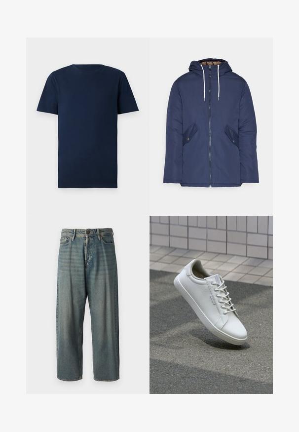 Navy blue padded jacket with a hood, featuring a front zipper, two side pockets with buttons, and white drawstrings.; Navy blue cotton t-shirt with short sleeves, crew neckline, and a regular fit. Smooth texture, no patterns or visible hardware.; Light blue denim jeans with a loose fit, mid-rise waist, and straight legs. Features five pockets, belt loops, and a button closure.; White sneaker made of textured leather, featuring a lace-up front, sturdy rubber sole, and minimalistic design with a reinforced toe.