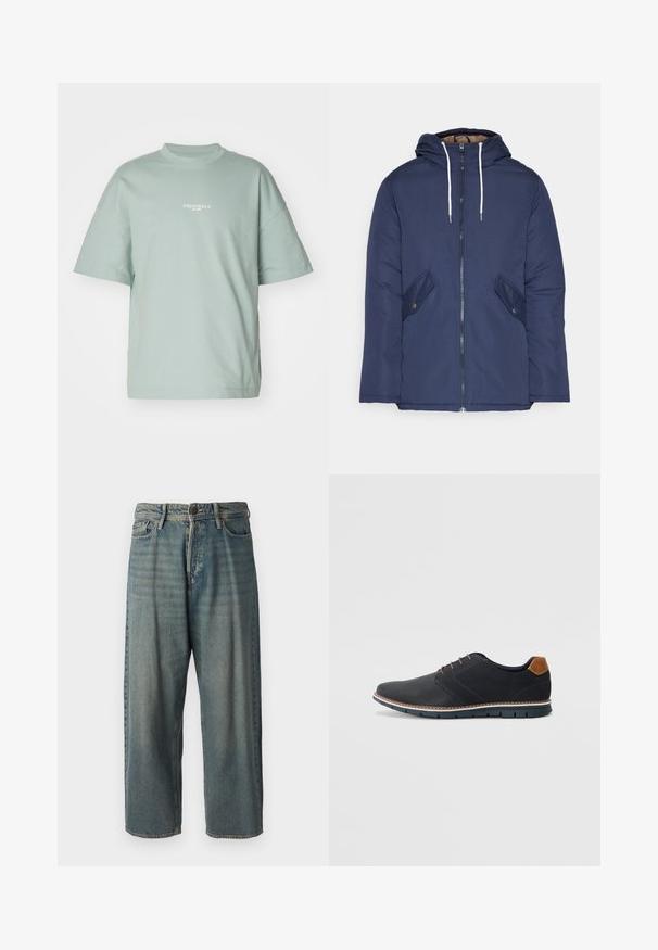 Jachetă căptușită bleu marin cu glugă, având un fermoar frontal, două buzunare laterale cu nasturi și șnururi albe.; Tricou oversized de culoare verde deschis, realizat din bumbac moale, cu mâneci scurte și guler rotund, având inscripția "ORIGINALS est. 1990" imprimată în alb.; Jeans din denim bleu deschis, cu o croială lejeră, talie medie și picioare drepte. Au cinci buzunare, bucle pentru curea și închidere cu nasture.; Pantofi sintetici negri cu un superior texturat, accente netede, toc maro și o talpă contrastantă. Prezintă un șnur minimalist și detalii de cusătură.