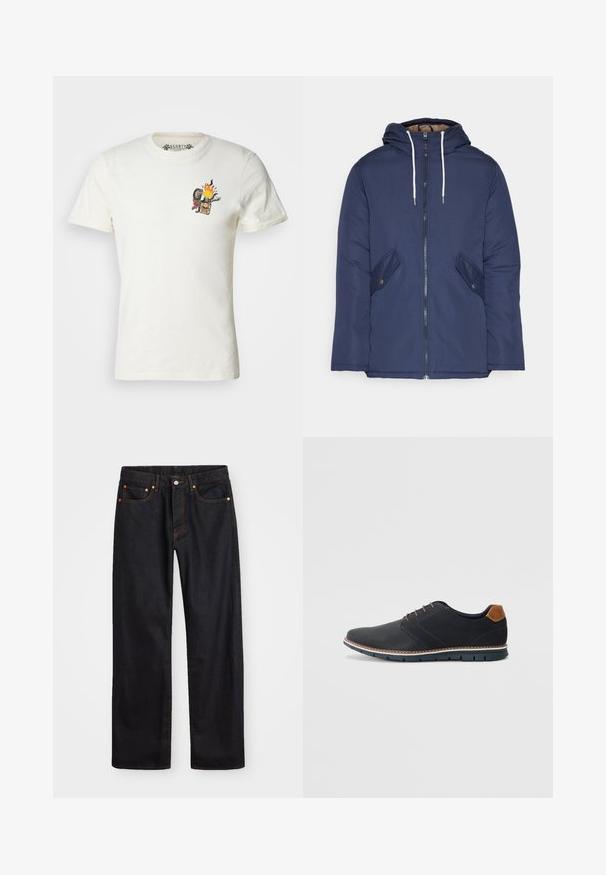 Jachetă căptușită bleu marin cu glugă, având un fermoar frontal, două buzunare laterale cu nasturi și șnururi albe.; Tricou alb din bumbac cu mânecă scurtă, având o grafică colorată cu o flacără, un craniu, o cheie și o trandafir pe zona din stânga a pieptului.; Jeans negri din denim pentru bărbați, cu croială dreaptă, cinci buzunare și cusături portocalii, închidere cu nasture și fermoar pe talie.; Pantofi sintetici negri cu un superior texturat, accente netede, toc maro și o talpă contrastantă. Prezintă un șnur minimalist și detalii de cusătură.