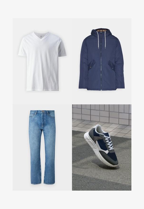 Mornarsko modra podložena jakna s kapuco, ki ima sprednji zadrgo, dva stranska žepa s gumbi in bele vrvice.; Majica s kratkimi rokavi, z V-izrezom, bela, izdelana iz bombaža. Ima enostaven dizajn z gladko teksturo in sproščenim krojem.; Svetlo modri kavbojke s ravnim krojem, ki vključujejo klasičen pet-žepni dizajn, zapiranje z gumbom in kontrastno šivanje.; Superge z zgornjim delom iz mrežaste tkanine v mornarsko modri barvi, sivi usnjeni poudarki, belo gumijasto podplato in ravnimi belimi vezalkami, zasnovane za udobje in zračnost.