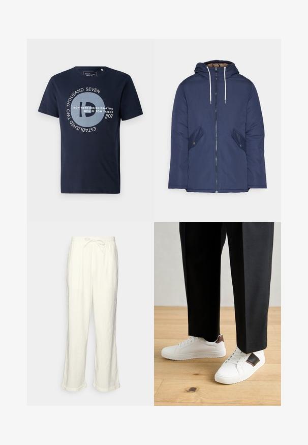 Námornícky modrá vystužená bunda s kapucňou, so zipsom vpredu, dvomi bočnými vreckami s gombíkmi a bielymi šnúrkami.; Námornícky modré bavlnené tričko s krátkymi rukávmi, ktoré obsahuje kruhový grafický dizajn a text v bielej farbe, vrátane "NORTHERN DESIGN CRAFTING."; Linenové nohavice v smotanovej farbe s pásom na šnúrku, mierne širokými nohavicami a zvinutými manžetami pre uvoľnený strih. Bez vreciek.; Biele tenisky s hladkým povrchom, s hnedými koženými akcentmi a čiernymi detailmi, spárované s čiernymi elegantnými nohavicami. Pozadím je drevená podlaha.