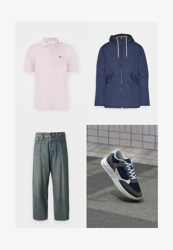 Casaco acolchoado azul-marinho com capuz, apresentando um fecho frontal com zíper, dois bolsos laterais com botões e cordões brancos.; Levi's® Polo - sage ditsy/violet ice; Jeans de ganga azul claro com um corte solto, cintura média e pernas retas. Apresenta cinco bolsos, passadores de cinto e fecho com botão.; Sapatilha com parte superior em malha azul-marinho, detalhes em camurça cinza, sola de borracha branca e atacadores brancos planos, projetada para conforto e respirabilidade.