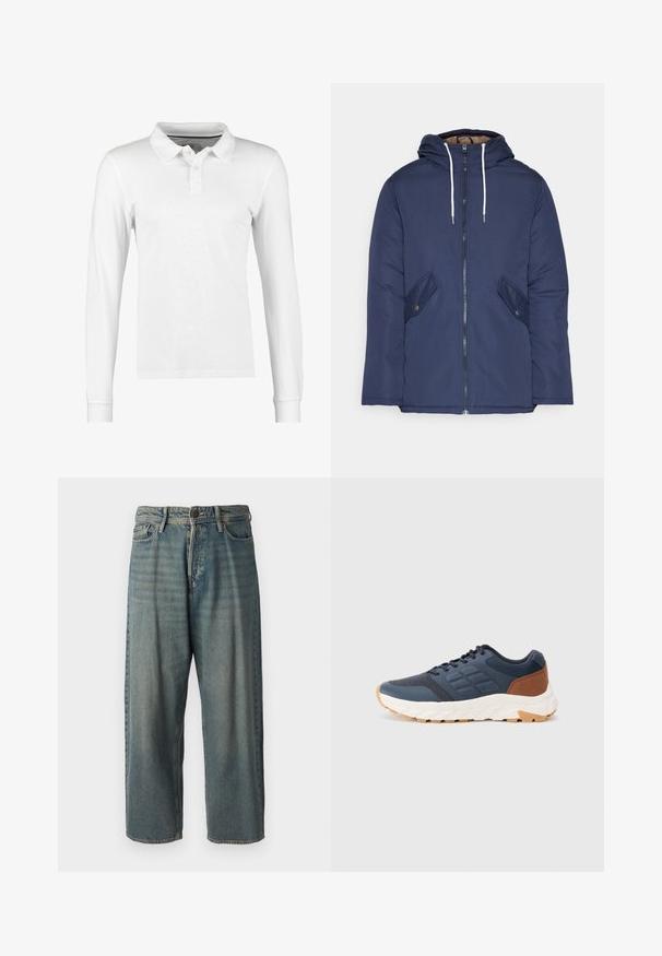 Marineblau gepadded Jacke mit Kapuze, ausgestattet mit einem Reißverschluss vorne, zwei seitlichen Taschen mit Knöpfen und weißen Kordeln.; Langarm-Poloshirt aus weißer Baumwolle mit einem kragenförmigen Halsausschnitt, einer Knopfleiste mit drei Knöpfen und einer schlichten Struktur ohne Muster oder Verzierungen.; Helle blaue Denim-Jeans mit lockerer Passform, mittelhoher Taille und geraden Beinen. Hat fünf Taschen, Gürtelschlaufen und einen Knopfverschluss.; Marineblaue Sportchuhe mit einem braunen Fersenakzent, strukturiertem Mesh-Obermaterial, gepolstertem Kragen und weißer Gummisohle mit durchgezogenem Profil.