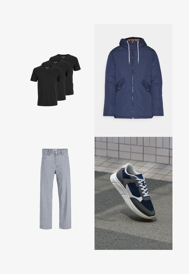 Navy blue padded jacket with a hood, featuring a front zipper, two side pockets with buttons, and white drawstrings.; Black cotton v-neck t-shirts, featuring short sleeves and a regular fit, displayed in a pack of three. Smooth texture, no patterns or accents.; Light blue denim jeans with a relaxed fit, straight leg design, visible stitching, two front pockets, and a button closure.; Sneaker featuring a navy blue mesh upper, gray suede accents, white rubber sole, and flat white laces, designed for comfort and breathability.