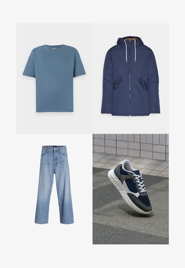 Marineblauwe gewatteerde jas met een capuchon, voorzien van een rits aan de voorkant, twee zijzakken met knopen en witte trekkoorden.; Rondhals T-shirt met korte mouwen in zachtblauwe katoen. Heeft een relaxte pasvorm en gestikte zoomdetails. Geen patronen of extra accenten.; Lichtblauwe denim wijdvallende jeans met een hoge taille, voorzien van een knoopsluiting, vijf pockets en subtiele vervaging. Schoon afgewerkte zoom.; Sneaker met een marineblauwe mesh bovenwerk, grijze suède accenten, witte rubberen zool en platte witte veters, ontworpen voor comfort en ademend vermogen.