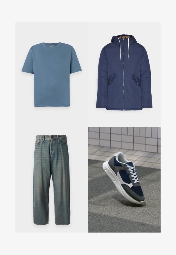Námorně modrá prošívaná bunda s kapucí, která má přední zip, dvě boční kapsy s knoflíky a bílé šňůrky.; Tričko s kulatým výstřihem a krátkým rukávem v jemné modré barvě z bavlny. Má volný střih a prošívaný lem. Bez vzorů či dalších detailů.; Světle modré denimové džíny s volným střihem, středně vysokým pasem a rovnými nohavicemi. Obsahují pět kapes, poutka na opasek a zapínání na knoflík.; Tenisky s horní částí z námornicky modré síťoviny, šedými semišovými akcenty, bílou gumovou podrážkou a plochými bílými tkaničkami, navržené pro pohodlí a prodyšnost.