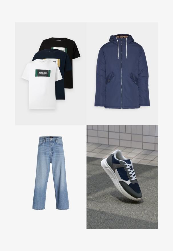 Jachetă căptușită bleu marin cu glugă, având un fermoar frontal, două buzunare laterale cu nasturi și șnururi albe.; Trei tricouri: alb, bleumarin și negru. Fiecare are un grafic rectangular cu brandul "Jack & Jones" și accente de culoare. Material din bumbac.; Jeans din denim albastru deschis, cu picioare largi și talie înaltă, având un sistem de închidere cu nasturi, design cu cinci buzunare și o ușoară decolorare. Terminatii curate ale tivului.; Adidași cu un uppers din plasă albastră închisă, accente din suede gri, talpă din cauciuc alb și șireturi plate albe, concepuți pentru confort și respirabilitate.