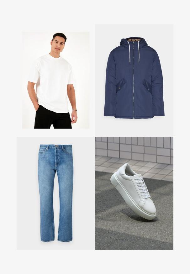 Jūrinė mėlyna pūkinė striukė su kapišonu, turinti priekinį užtrauktuką, dvi šonines kišenes su sagomis ir baltus raiščius.; Baltas apvalaus kaklo marškinėlis, pagamintas iš lengvos medvilnės. Trumpomis rankovėmis, laisvas siluetas ir plokščios siūlės. Dėvimi su juodomis kelnėmis, rankos kišenėse.; Šviesiai mėlynos džinsinės kelnės su tiesiu kirpimu, turinčios klasiką penkių kišenių dizainą, sagos uždarymą ir kontrastinę siūlę.; Balti odiniai sportbačiai su lygiu paviršiumi, apvalia nosimi ir plokščiomis baltomis raištelėmis. Yra tekstūruotas gumos padas ir minimalizmas dizaino elementuose.