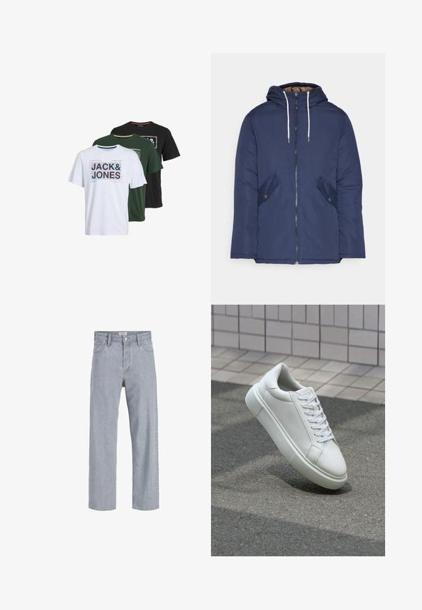 Laivasilkkinen vuorattu takki hupulla, jossa on etuvetoketju, kaksi nappikiinnityksellä varustettua sivutaskua ja valkoiset nyörit.; Kolme lyhythihaista t-paitaa valkoisena, vihreänä ja mustana, joissa on graafisia printtejä tekstillä "JACK & JONES" eri tyyleillä ja väreillä.; Vaaleansiniset farkut rento istuvuus, suorat lahkeet, näkyvät saumat, kaksi etutaskua ja napitus.; Valkoinen nahkainen lenkkari, jossa on sileä pinta, pyöreä kärki ja tasaiset valkoiset nauhat. Varustettu teksturoidulla kumi-pohjalla ja vähäisillä muotoiluelementeillä.