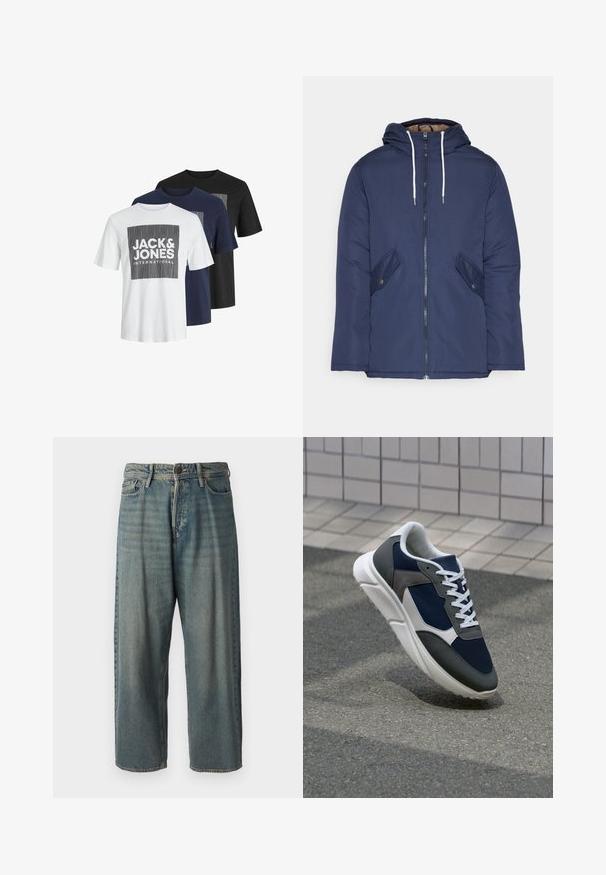 Tumesinine vahtkatseline jakk, millel on kapuuts, esilukk, kaks küljetaskut nupuga ja valged tõmblukud.; Kolm lühikeste varrukatega T-särki valges, tumesinises ja mustas värvuses. Igal särgil on kastikujuline graafiline disain, kus on julge kirjaga "JACK & JONES" tekst.; Heledad sinine denim-stiilis teksad, volüümse lõike, keskmise kõrgusega talje ja sirgete säärega. Omab viit taskut, vöökumme ja nööpide sulgemist.; Sneaker, mille sinine võrkkangas, hallid nubukdetailid, valge kummitald ja lamedad valged paelad, disainitud mugavuseks ja hingavuseks.