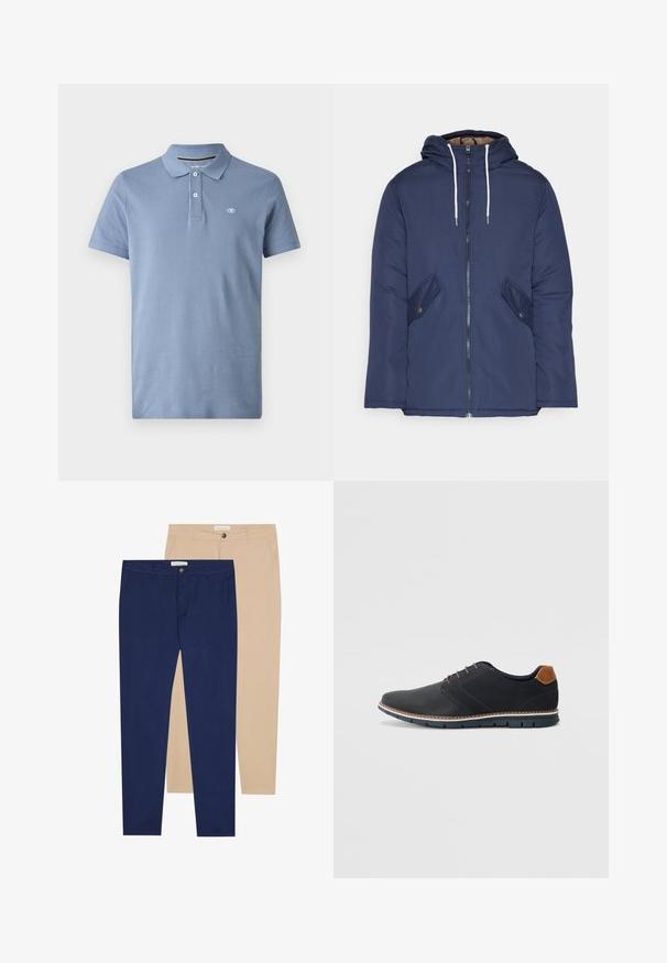 Jūras zila pufīgā jaka ar kapuci, kas aprīkota ar priekšējo rāvējslēdzēju, divām sānu kabatām ar pogām un baltiem aukliņām.; Gaiši zilo kokvilnas polo krekls ar standarta apkakli, trīs pogu aizdari un mazu logo kreisajā krūtīs. Īsas piedurknes.; Divas bikses: vienas tumši zilas, otras bēšas. Abām ir taisna griezuma, pogu aizdare un gluda auduma tekstūra.; Melni sintētiskie apavi ar struktūru augšdaļā, gludu akcentu, brūnu papēdi un kontrastējošu zoli. Iezīmē minimālu šņorēšanu un šuvju detaļas.