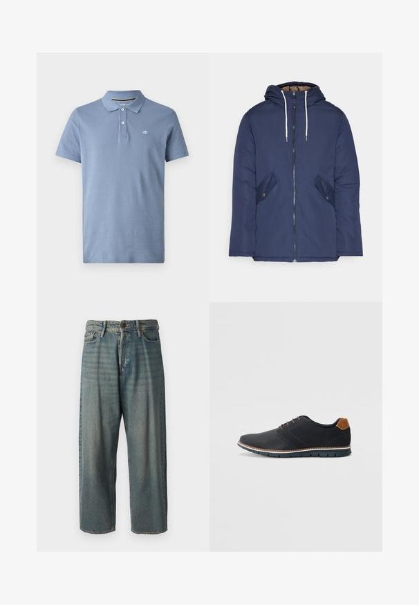 Tumesinine vahtkatseline jakk, millel on kapuuts, esilukk, kaks küljetaskut nupuga ja valged tõmblukud.; Heledsinine puuvillane polo särk, mis on varustatud tavalise krae, kolme nupuga ja väikese logoga vasakul rinnal. Lühikesed varrukad.; Heledad sinine denim-stiilis teksad, volüümse lõike, keskmise kõrgusega talje ja sirgete säärega. Omab viit taskut, vöökumme ja nööpide sulgemist.; Mustavad sünteetilised jalatsid tekstureeritud pealsega, siledad aktsendid, pruun kand ja kontrastne tall. Omab minimaalset lukkude ja õmbluste dekoratsiooni.