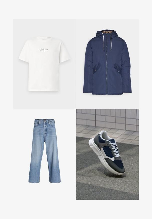 Chaqueta acolchada de color azul marino con capucha, cuenta con un cierre frontal de cremallera, dos bolsillos laterales con botones y cordones blancos.; Camiseta de algodón blanca de manga corta con un estampado gráfico verde que dice "CATAVINO" y "BENICO" en el frente.; Jeans de mezclilla de color azul claro, de pierna ancha y cintura alta, con cierre de botones, diseño de cinco bolsillos y un ligero desvanecimiento. Con los dobladillos limpios.; Zapatillas con una parte superior de malla azul marino, detalles en gamuza gris, suela de goma blanca y cordones blancos planos, diseñadas para la comodidad y transpirabilidad.