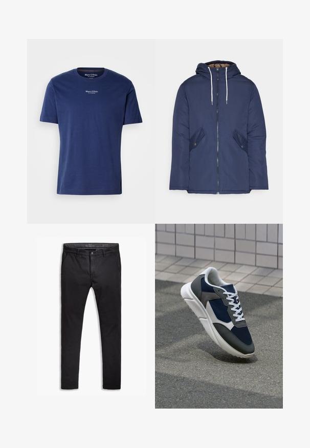 Námorně modrá prošívaná bunda s kapucí, která má přední zip, dvě boční kapsy s knoflíky a bílé šňůrky.; Námořnické modré bavlněné tričko s krátkým rukávem, kulatým výstřihem a malým bílým logem na hrudi. Hladká textura a uvolněný střih.; Černé bavlněné chinos kalhoty s tapered střihem, vybavené pěti kapsami, poutky na opasek a hladkým povrchem. Zapínání na zip s knoflíkovým uzávěrem.; Tenisky s horní částí z námornicky modré síťoviny, šedými semišovými akcenty, bílou gumovou podrážkou a plochými bílými tkaničkami, navržené pro pohodlí a prodyšnost.