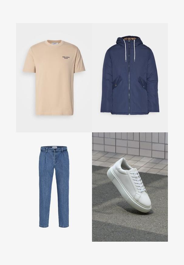 Námorně modrá prošívaná bunda s kapucí, která má přední zip, dvě boční kapsy s knoflíky a bílé šňůrky.; Beige bavlněné tričko s krátkým rukávem, kulatým výstřihem a malým námořnickým logem na levé straně hrudi. Hladká textura, jednoduchý design.; Světle modré džíny s volným střihem, s vysokým pasem, dvěma předními plisovanými částmi a ohrnutým lemem. Jednoduché zapínání na knoflík a zip.; Bílé kožené tenisky s hladkým povrchem, kulatou špičkou a plochými bílými tkaničkami. Disponují texturovanou gumovou podrážkou a minimálními designovými prvky.