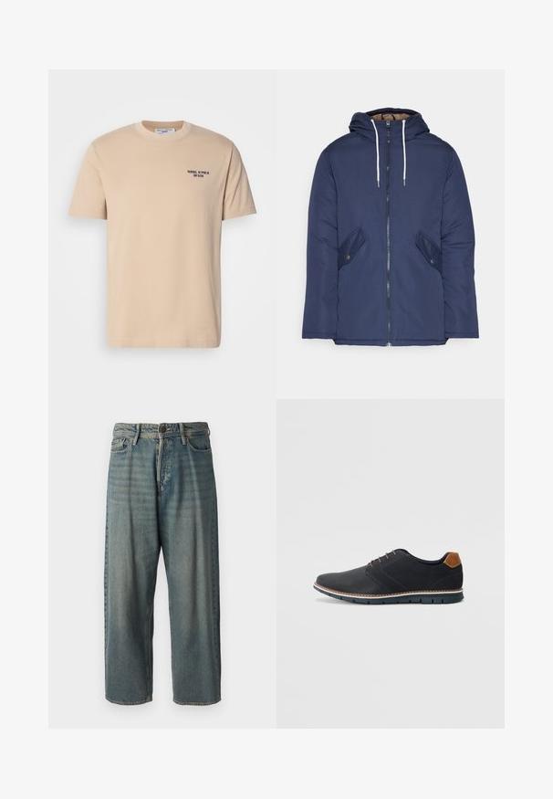 Navy blue padded jacket with a hood, featuring a front zipper, two side pockets with buttons, and white drawstrings.; Beige cotton t-shirt with short sleeves, round neckline, and a small navy logo on the left chest. Smooth texture, simple design.; Light blue denim jeans with a loose fit, mid-rise waist, and straight legs. Features five pockets, belt loops, and a button closure.; Black synthetic shoes with a textured upper, smooth accents, brown heel, and a contrasting sole. Features minimal lacing and stitch details.