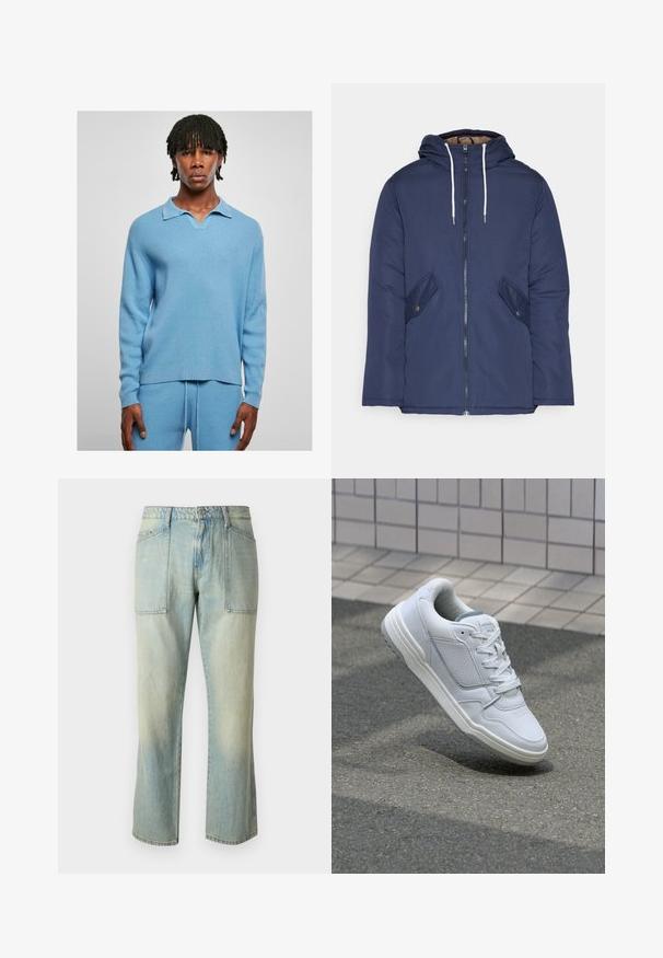 Jūrinė mėlyna pūkinė striukė su kapišonu, turinti priekinį užtrauktuką, dvi šonines kišenes su sagomis ir baltus raiščius.; Šviesiai mėlynas megztinis ilgomis rankovėmis su polo apykakle ir raukšlėta tekstūra, derinamas su derančiais raukšlėtais kelnais. Plokščias siluetas su šoniniais įpjovimais.; Šviesiai mėlyni džinsai su tiesia kojų kirpimu, matomomis siūlėmis ir dviem didelėmis priekinėmis kišenėmis. Audinys turi pablukusį tekstūrą.; Baltos odinės sportinės bateliai su perforuotais šonais, tekstūruotais akcentais, plokščiomis raištelėmis ir kontrastingu pilku kulnu. Yra šiek tiek pakelti padas.