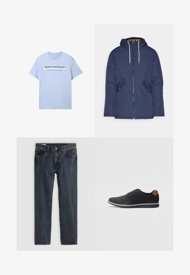 Námorně modrá prošívaná bunda s kapucí, která má přední zip, dvě boční kapsy s knoflíky a bílé šňůrky.; Světle modré bavlněné tričko s krátkými rukávy a kulatým výstřihem. Přední grafika obsahuje "DENIM TOM TAILOR" a "založeno dva tisíce sedm".; Tmavě modré džíny s rovnými nohavicemi, pěti kapsami a zapínáním na knoflíky. Tkanina vykazuje jemné blednutí a texturu.; Černé syntetické boty s texturovaným svrškem, hladkými detaily, hnědým podpatkem a kontrastní podrážkou. Obsahují minimální šněrování a švy.