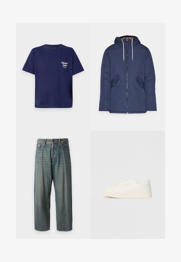 Marineblau gepadded Jacke mit Kapuze, ausgestattet mit einem Reißverschluss vorne, zwei seitlichen Taschen mit Knöpfen und weißen Kordeln.; Dunkelblaues Baumwoll-T-Shirt mit kurzen Ärmeln, Rundhals und kleinen weißen Textgrafiken auf der linken Vorderseite. Einfaches, einfarbiges Design.; Helle blaue Denim-Jeans mit lockerer Passform, mittelhoher Taille und geraden Beinen. Hat fünf Taschen, Gürtelschlaufen und einen Knopfverschluss.; Weiße Slip-On-Sneaker mit einer strukturierten Oberfläche, dicker Sohle und minimalistischem Design. Mit Logo der Marke an der Seite.