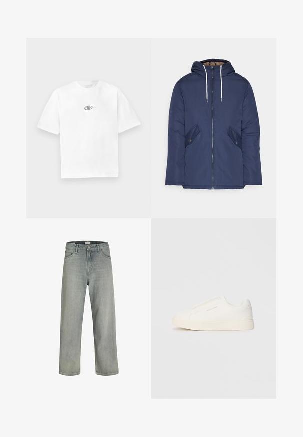 Marineblå polstret jakke med hette, med glidelås foran, to sidelommer med knapper og hvite snorer.; Hvit bomull T-skjorte med korte ermer og rund hals. Har en liten svart oval logo på brystet. Glatt tekstur, enkel design.; Lys grå, løstsittende jeans laget av denim. Har en klassisk fem-lomme-design, beltehemper og en rett ben-silhuett.; Hvite slip-on joggesko med teksturert overflate, tykk såle og minimalistisk design. Har merkevarelogo på siden.