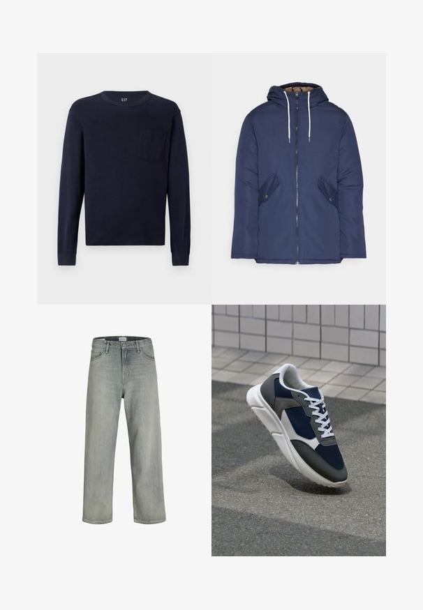 Laivasilkkinen vuorattu takki hupulla, jossa on etuvetoketju, kaksi nappikiinnityksellä varustettua sivutaskua ja valkoiset nyörit.; T-paita, pitkähiha, laivaston sininen, puuvillasta valmistettu, jossa on pyöreä kaula-aukko ja pieni rintatasku vasemmalla puolella. Tasainen pinta.; Vaaleanharmaat, löysät farkut, jotka on valmistettu denimistä. Ominaisuuksiin kuuluu klassinen viiden taskun muotoilu, vyölenkit ja suora lahjetyyli.; Kengät, joissa on tummansininen verkkopäällinen, harmaat mokka-yksityiskohdat, valkoinen kumipohja ja litteät valkoiset nauhat, suunniteltu mukavuutta ja hengittävyyttä varten.