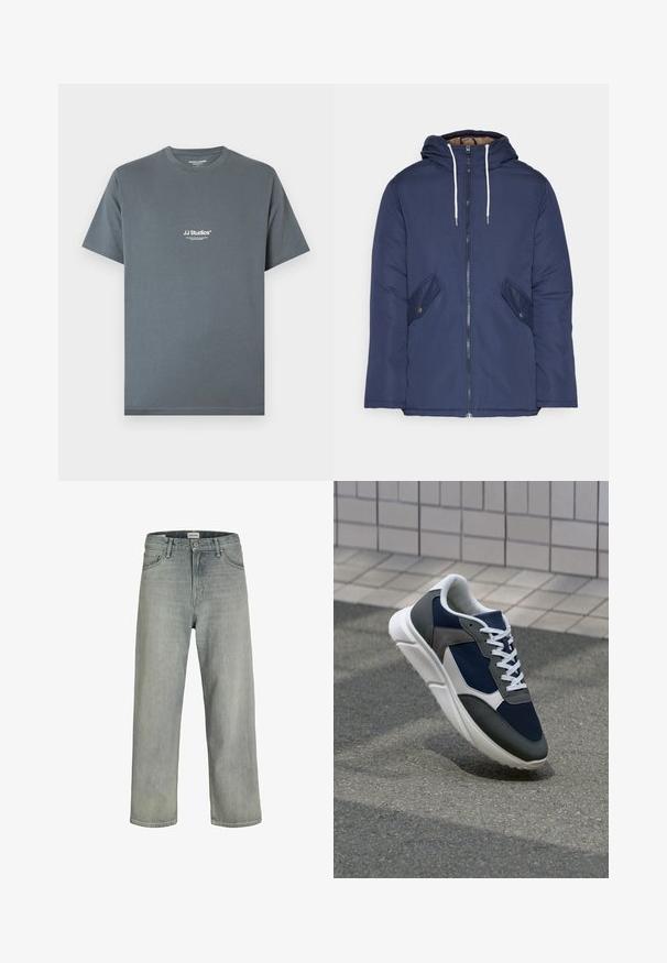 Giacca imbottita blu navy con cappuccio, dotata di zip frontale, due tasche laterali con bottoni e lacci bianchi.; Maglietta grigia in cotone con scollatura rotonda. Presenta il marchio "JJ Studios" bianco sul petto. Maniche corte e vestibilità comoda.; Jeans grigi chiaro, con vestibilità comoda, realizzati in denim. Presentano un classico design a cinque tasche, passanti per cintura e una silhouette a gamba dritta.; Sneaker con tomaia in rete blu navy, inserti in suede grigio, suola in gomma bianca e lacci bianchi piatti, progettata per comfort e traspirabilità.
