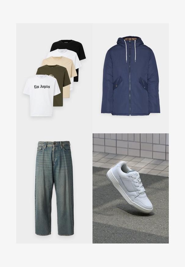 Jūrinė mėlyna pūkinė striukė su kapišonu, turinti priekinį užtrauktuką, dvi šonines kišenes su sagomis ir baltus raiščius.; Penki apvalaus kaklo marškiniai: balti, juodi, šviesiai rudi, alyviniai ir pilki, su grafika "Los Andželas" juoda spalva ant balto marškinio priekyje.; Šviesiai mėlyni džinsai su laisvu siluetu, vidutinio aukščio juosmeniu ir tiesiomis kojomis. Su penkiais kišenėmis, diržo kilpo ir mygtukų uždarymu.; Baltos odinės sportinės bateliai su perforuotais šonais, tekstūruotais akcentais, plokščiomis raištelėmis ir kontrastingu pilku kulnu. Yra šiek tiek pakelti padas.