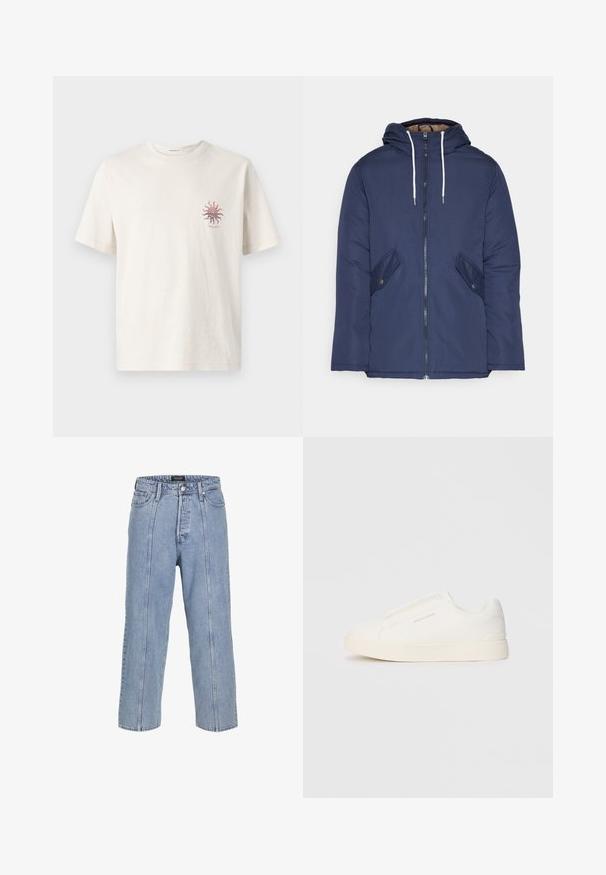 Mornarsko modra podložena jakna s kapuco, ki ima sprednji zadrgo, dva stranska žepa s gumbi in bele vrvice.; Kremasta bombažna majica s kratkimi rokavi, ki ima majhen rdeč sončni grafični motiv na levi strani prsnega predela. Standardna zasnova krožnega izreza.; Svetlo modri kavbojasti hlače ohlapnega kroja s širokimi nogavicami in vidnimi šivi. Imajo gumb in zadrgo ter pet žepov.; Bele zapete brez vezalk z teksturirano površino, debelim podplatom in minimalističnim dizajnom. Na strani se nahaja logotip blagovne znamke.