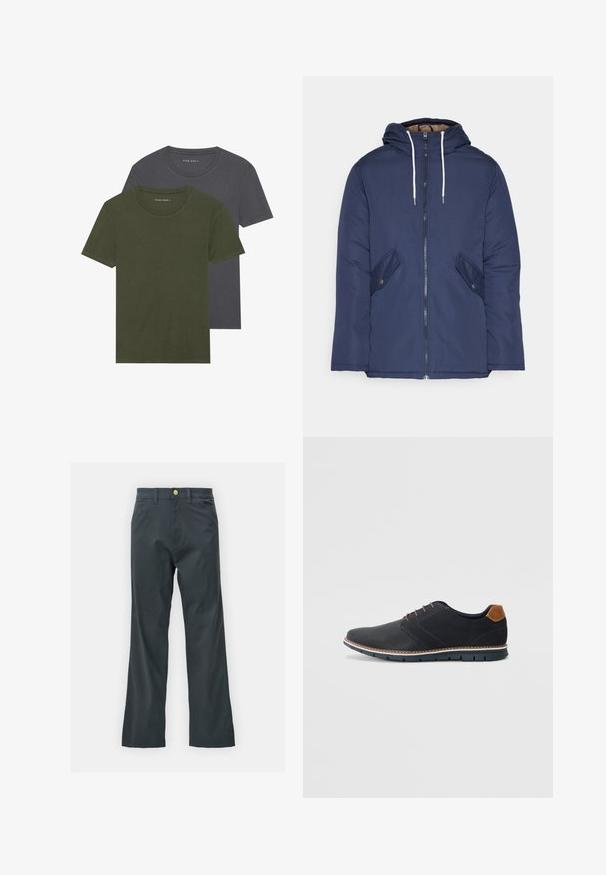 Casaco acolchoado azul-marinho com capuz, apresentando um fecho frontal com zíper, dois bolsos laterais com botões e cordões brancos.; Duas t-shirts de manga curta: uma verde oliva e uma cinza escuro. Feitas de algodão, com um gola clássica e uma textura suave.; Calças pretas com corte reto, feitas de um tecido em mistura de algodão. Apresenta um fecho com botão metálico e bolsos laterais. Sem padrões visíveis.; Sapatos sintéticos pretos com um upper texturizado, pormenores lisos, salto castanho e uma sola contrastante. Apresentam um sistema de atacadores mínimo e detalhes de costura.