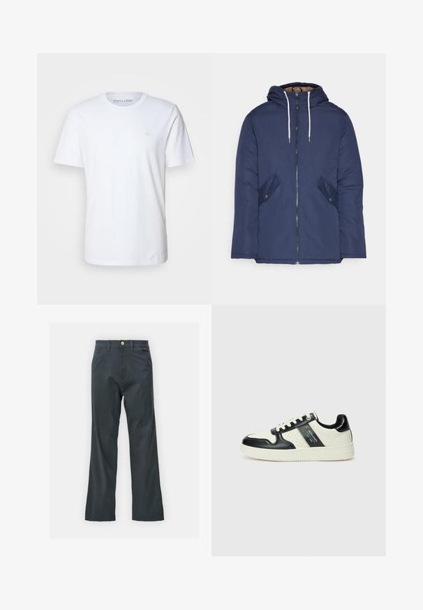 Navy blue padded jacket with a hood, featuring a front zipper, two side pockets with buttons, and white drawstrings.; Short-sleeve white t-shirt made of cotton. Features a crew neckline and a small embroidered logo on the left chest area.; Black pants with a straight leg cut, made from cotton blend fabric. Features a metal button closure and side pockets. No visible patterns.; Leather sneakers with a black and cream color scheme, featuring perforated accents, a padded collar, and a textured outsole.