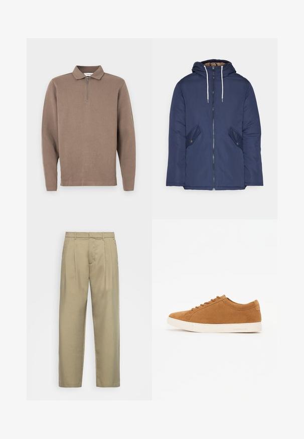 Sötétkék bélelt dzseki kapucnival, elülső cipzárral, két oldalsó zsebbel gombokkal és fehér húzózsinórokkal.; Barna hosszú ujjú póló ing, cipzáros gallérral, bordás textúrával és egyenes aljjal. Hosszú ujjakkal és laza szabással rendelkezik.; Beige, magas derékú, egyenes szabású nadrág, lapos elejével, oldalsó zsebeivel és sima, textúrált anyagával.; Barna velúr sportcipők alacsony felsőrésszel, fehér gumitalppal és kerek orral. Jellemzően passzoló fűzőkkel és minimális márkajelzéssel a sarokrészen.