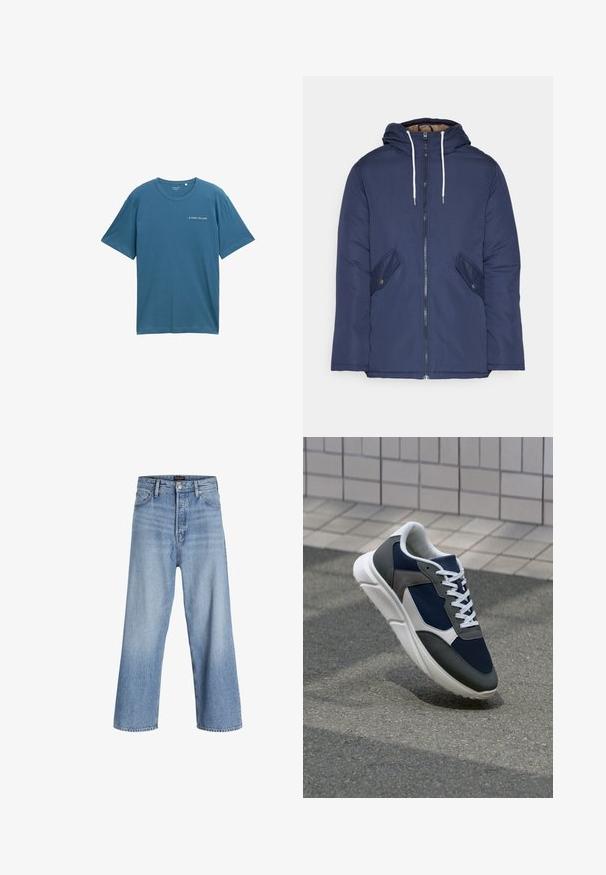 Granatowa pikowana kurtka z kapturem, z zamkiem z przodu, dwoma bocznymi kieszeniami z guzikami oraz białymi sznurkami.; Niebieska bawełniana koszulka z krótkim rękawem i okrągłym dekoltem. Ma małe białe logo na lewej klatce piersiowej. Prosty design, bez wzorów.; Jasnoniebieskie dżinsy typu wide-leg z wysokim stanem, z zapięciem na guziki, pięcioma kieszeniami i subtelnym wyblaknięciem. Czyste wykończenie dołu.; Sneakers z granatową siateczkową cholewką, szarymi zamszowymi akcentami, białą gumową podeszwą i płaskimi białymi sznurówkami, zaprojektowane z myślą o komforcie i wentylacji.