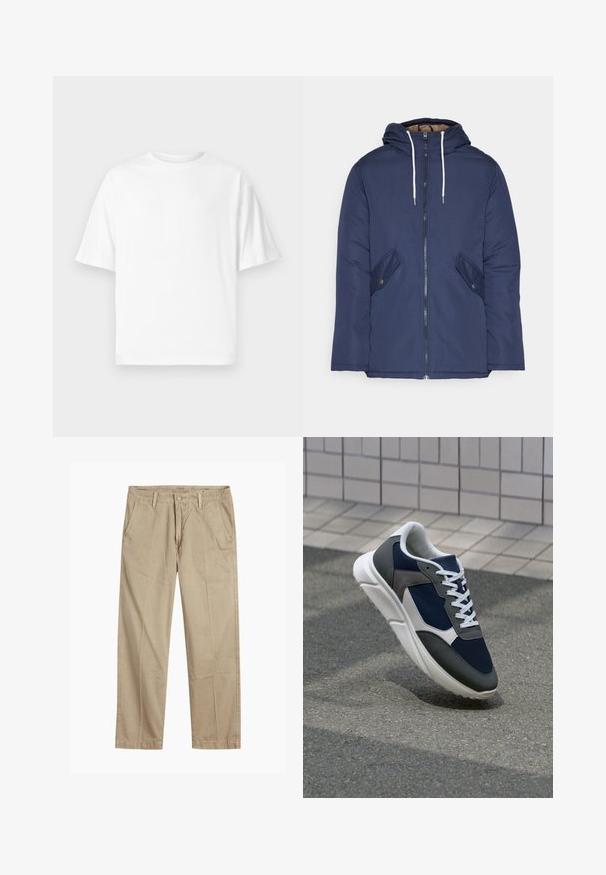Granatowa pikowana kurtka z kapturem, z zamkiem z przodu, dwoma bocznymi kieszeniami z guzikami oraz białymi sznurkami.; Biała koszulka z krótkim rękawem, okrągłym dekoltem i luźnym krojem. Wykonana z gładkiego bawełnianego materiału bez widocznych wzorów czy logo.; Beżowe chinosy o prostym kroju z pętlami na pasek, przednim zapięciem na guzik i zamek błyskawiczny oraz skośnymi kieszeniami z przodu.; Sneakers z granatową siateczkową cholewką, szarymi zamszowymi akcentami, białą gumową podeszwą i płaskimi białymi sznurówkami, zaprojektowane z myślą o komforcie i wentylacji.